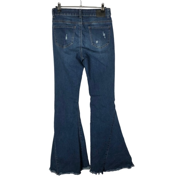 Boutique L&B Lucky & Blessed Dark Wash High Rise Flare Distressed Jeans 4 - Picture 2 of 4